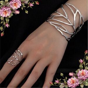 Bangle bracelet &‎ Ring set Metal Leaf Design silver color